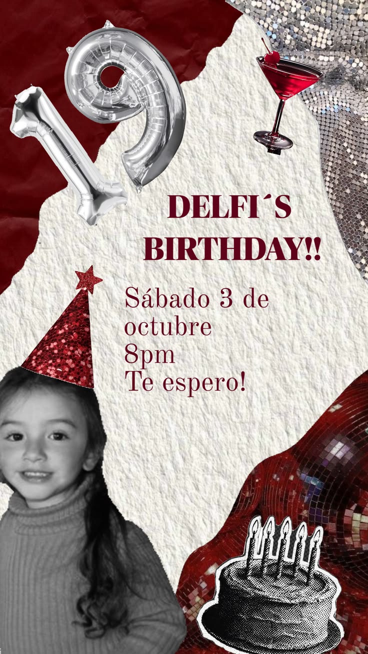 Tarjeta de invitación: Delfi's Birthday, 19 años. Sábado 3 de octubre, 20:00. Te espero!